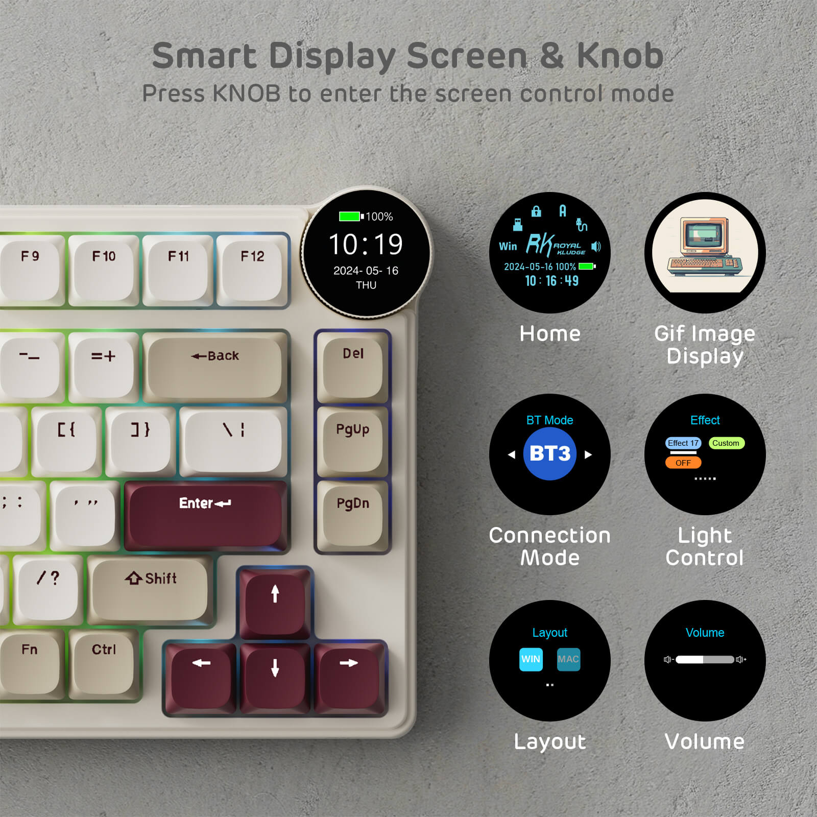 Load Keyboard RK ROYAL KLUDGE N80 Low-Profile Mechanical Keyboard with Display Screen ...
