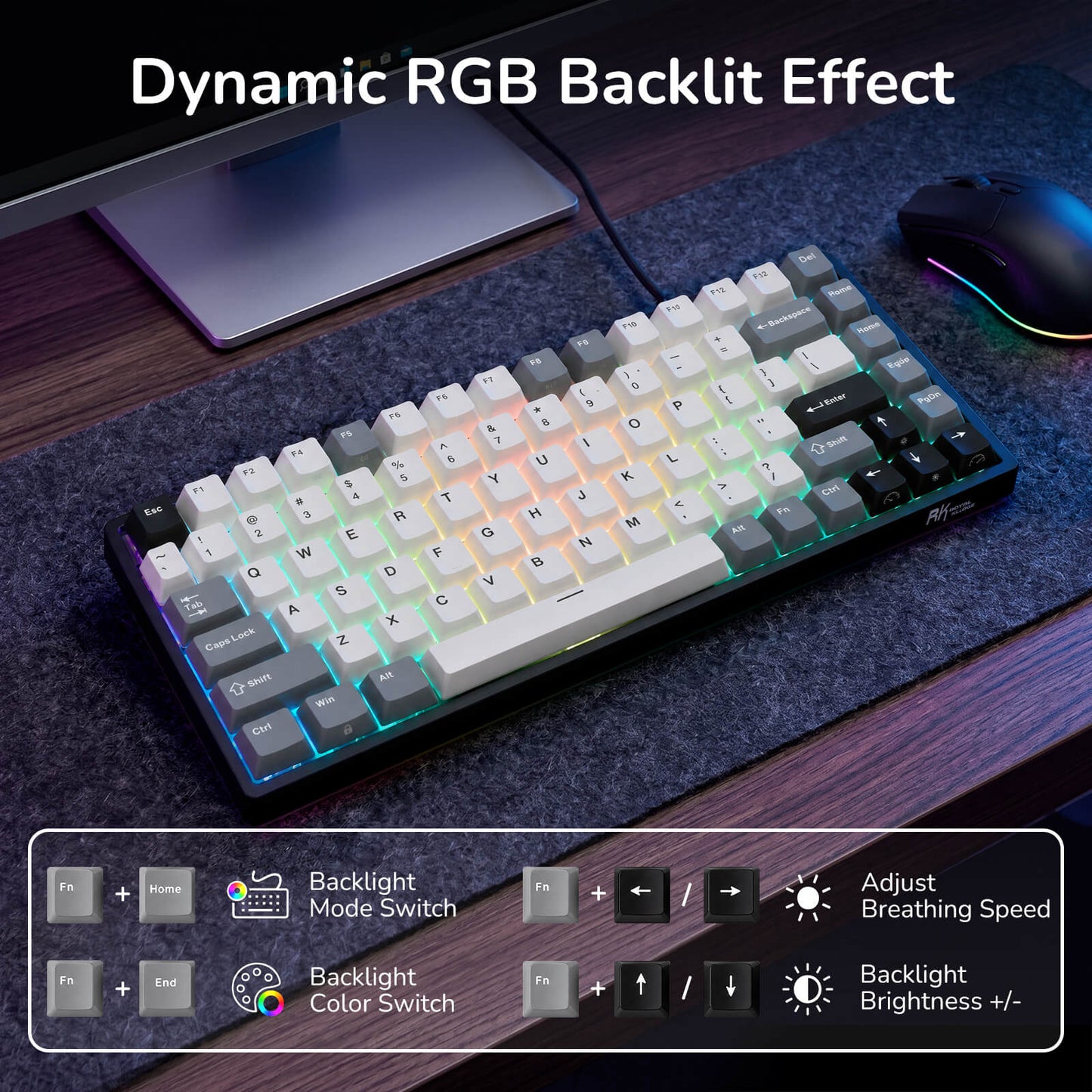 RK84 Wired 75% TKL RGB Hot Swappable Mechanical Gaming Keyboard with dynamic RGB backlit effect on a desk