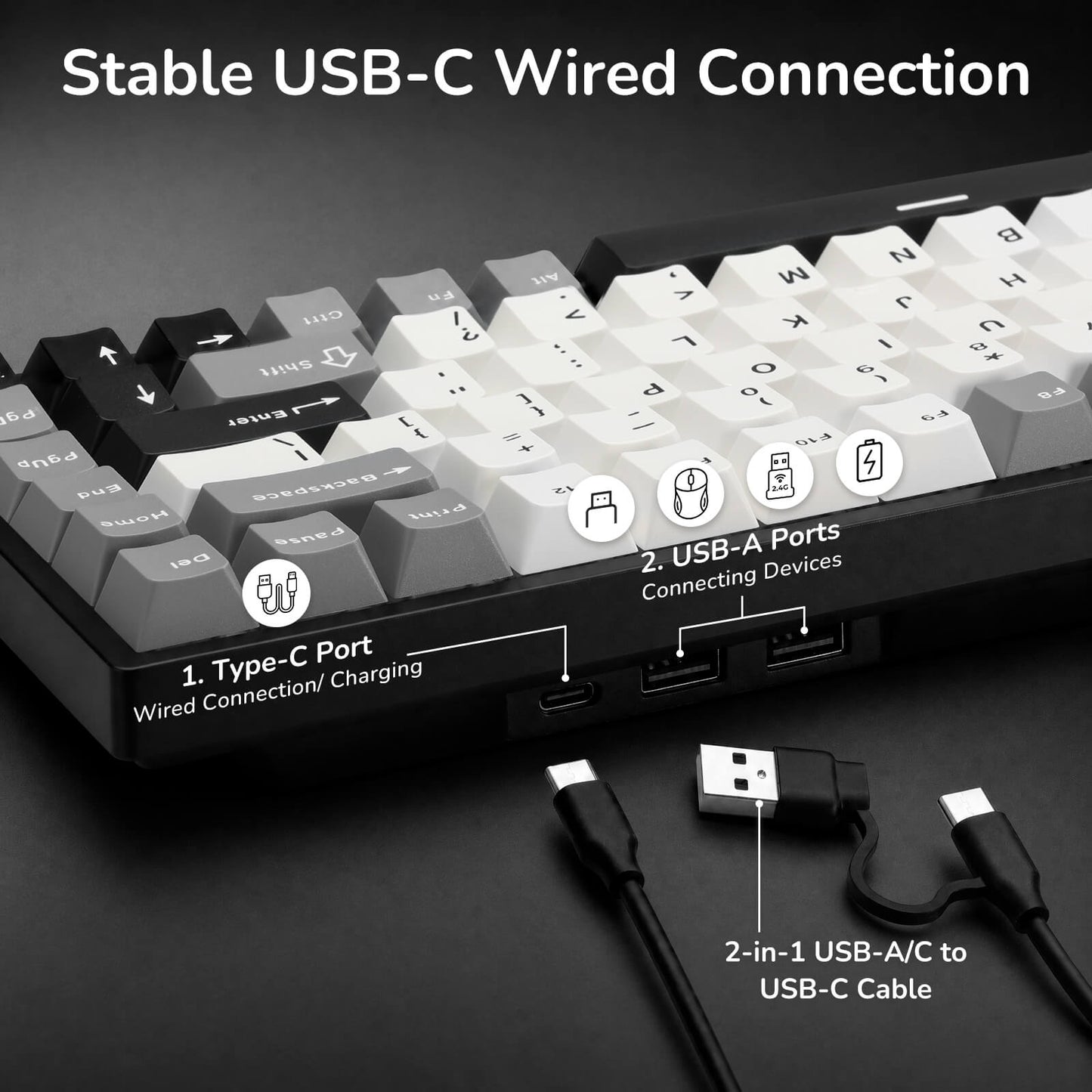 Keyboard with USB-C and USB-A ports, and a 2-in-1 cable on a dark background.