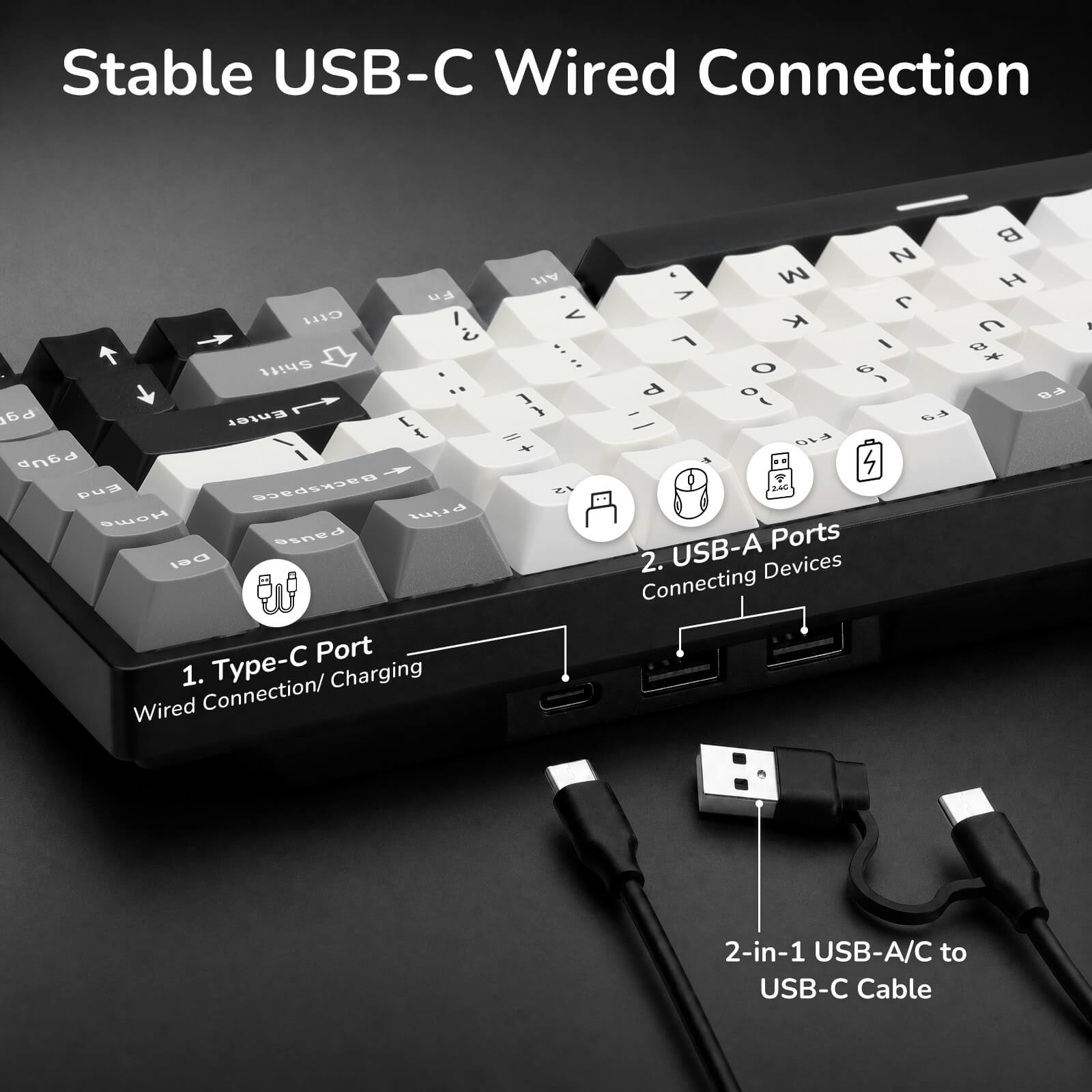 Keyboard with USB-C and USB-A ports, and a 2-in-1 cable on a dark background.
