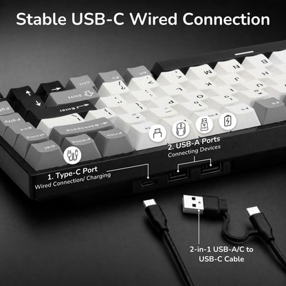Keyboard with USB-C and USB-A ports, and a 2-in-1 cable on a dark background.