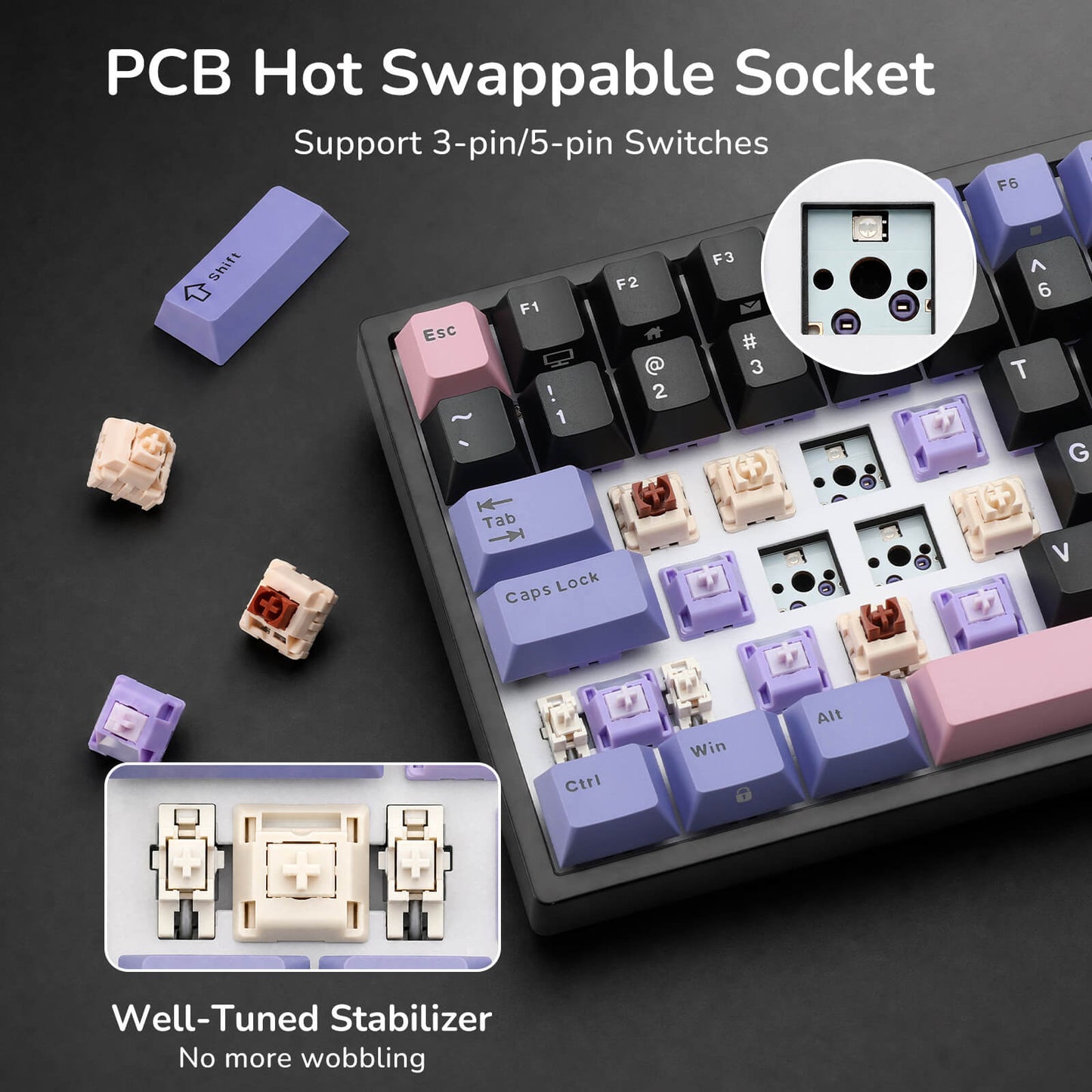 Mechanical keyboard with hot swappable socket and switch components on a dark background