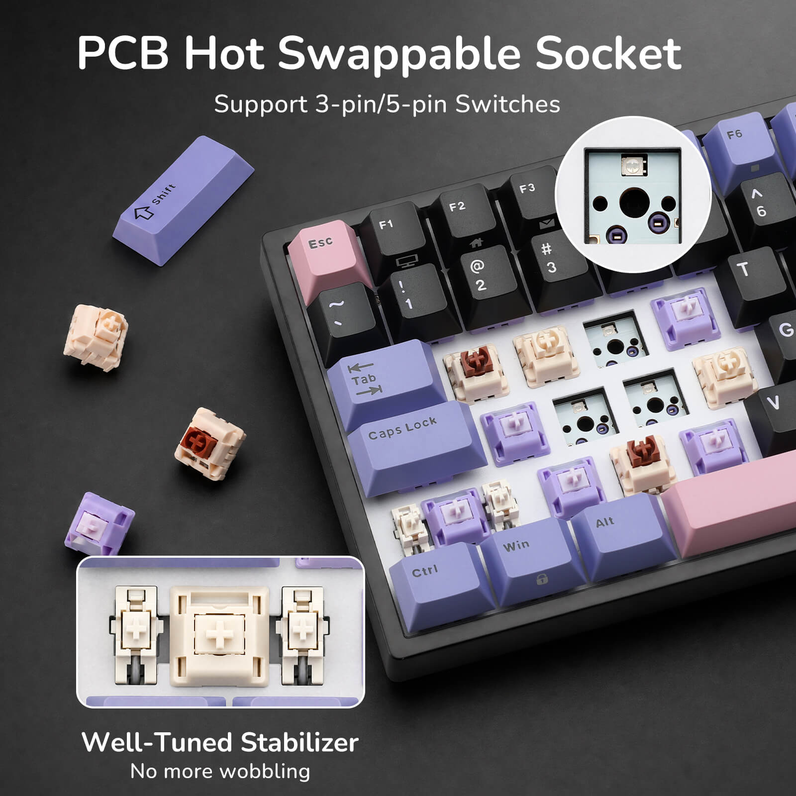 Mechanical keyboard with hot swappable socket and switch components on a dark background