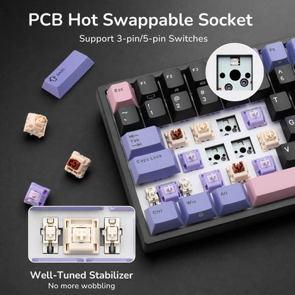 Mechanical keyboard with hot swappable socket and switch components on a dark background