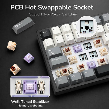 Keyboard with hot swappable sockets on a dark background