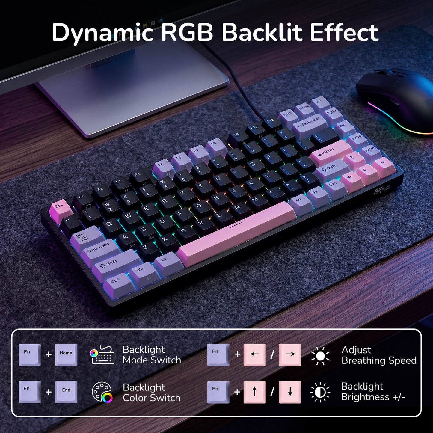 RK ROYAL KLUDGE RK84 Compact TKL Gaming Keyboard with RGB backlight effect on a desk setup