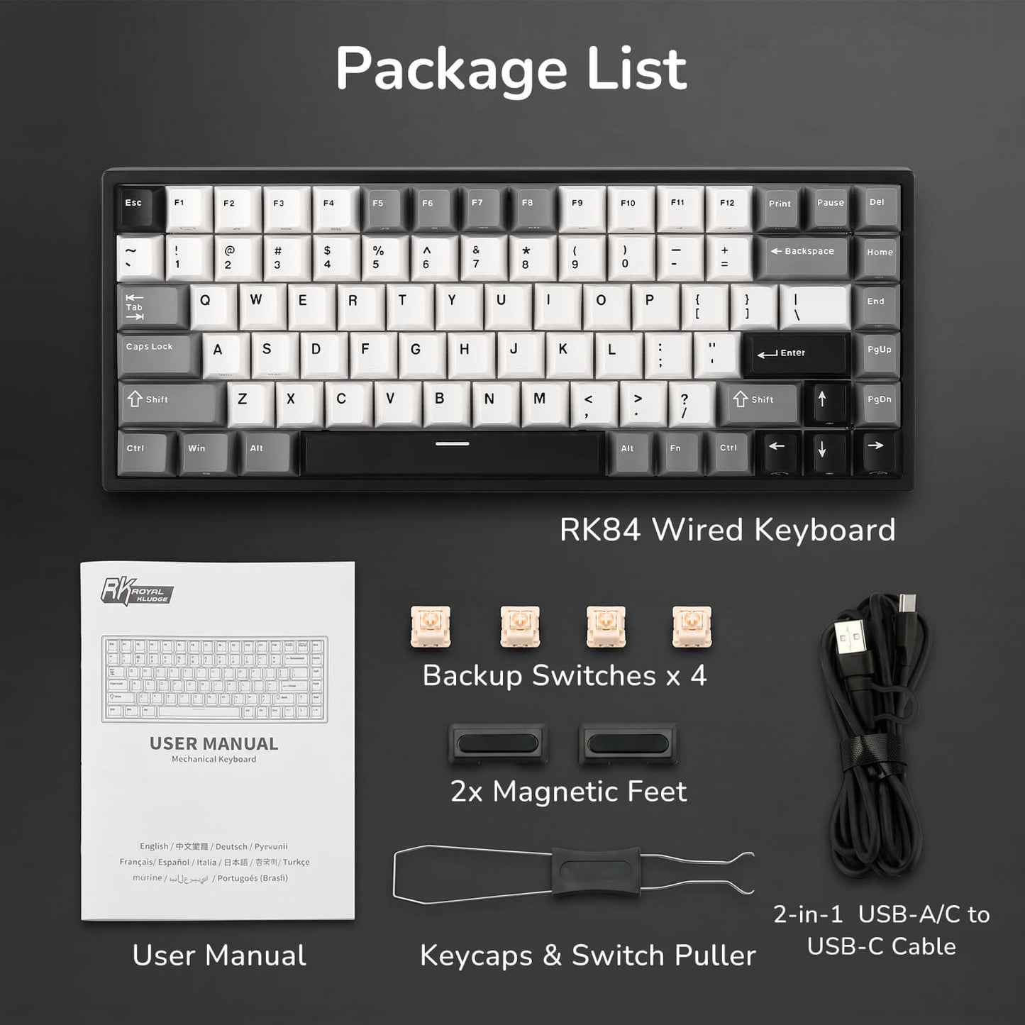 RK84 Wired Keyboard package list with keyboard, user manual, backup switches, magnetic feet, keycaps, switch puller, and cable on a dark background.