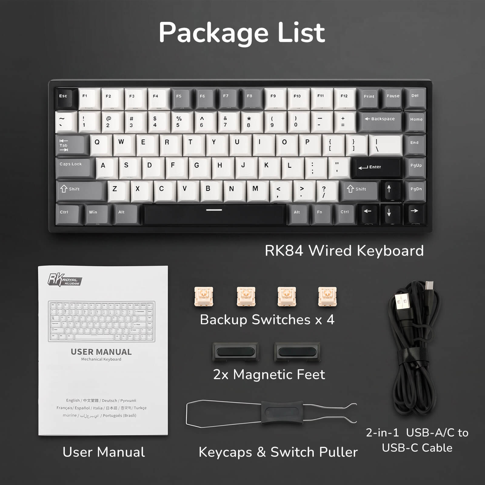 RK84 Wired Keyboard package list with keyboard, user manual, backup switches, magnetic feet, keycaps, switch puller, and cable on a dark background.