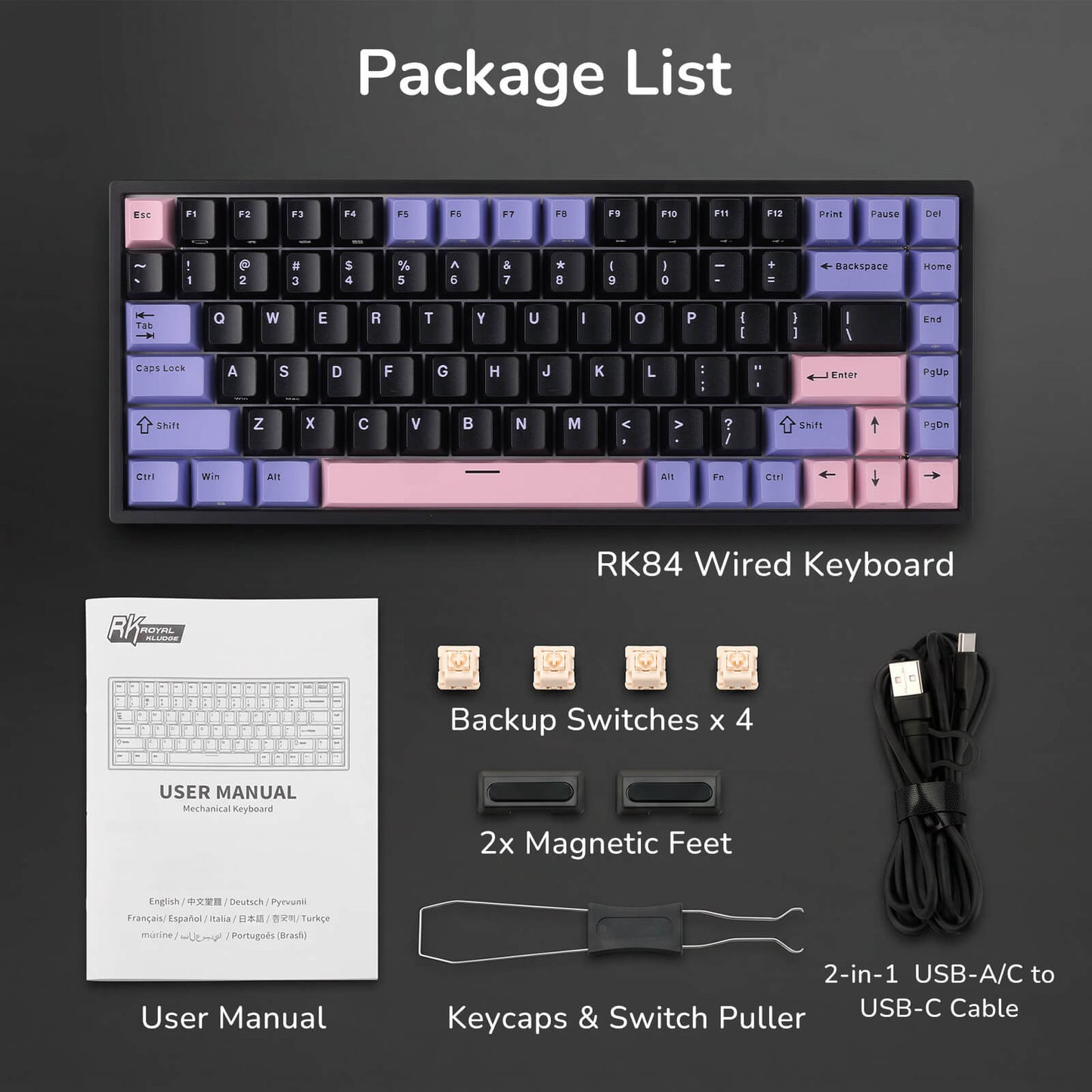 RK84 Wired Keyboard package list with keyboard, user manual, backup switches, magnetic feet, keycaps, switch puller, and cable on a dark background.