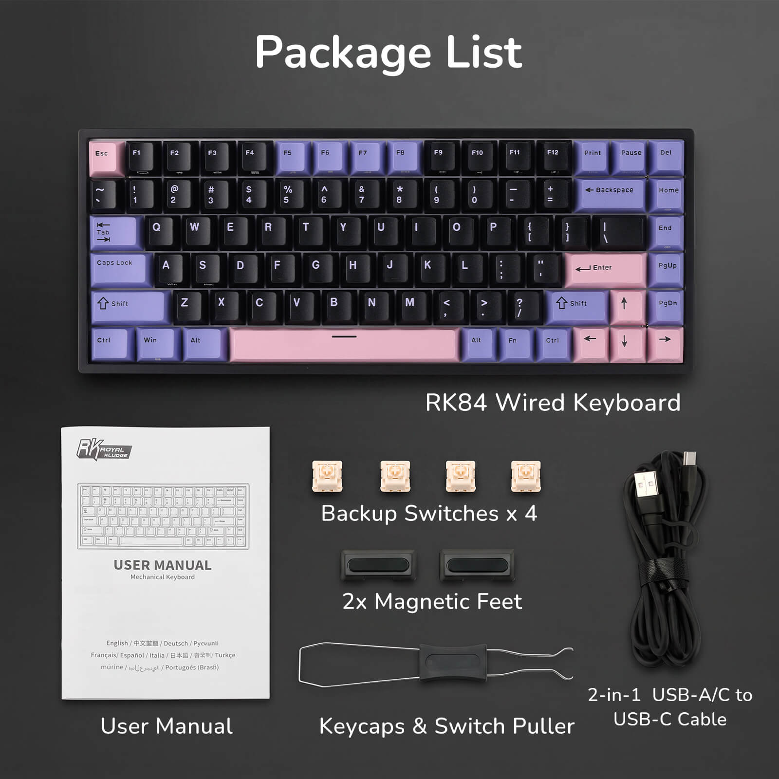 RK84 Wired Keyboard package list with keyboard, user manual, backup switches, magnetic feet, keycaps, switch puller, and cable on a dark background.