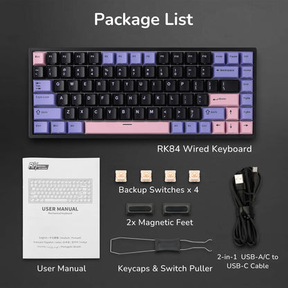 RK84 Wired Keyboard package list with keyboard, user manual, backup switches, magnetic feet, keycaps, switch puller, and cable on a dark background.