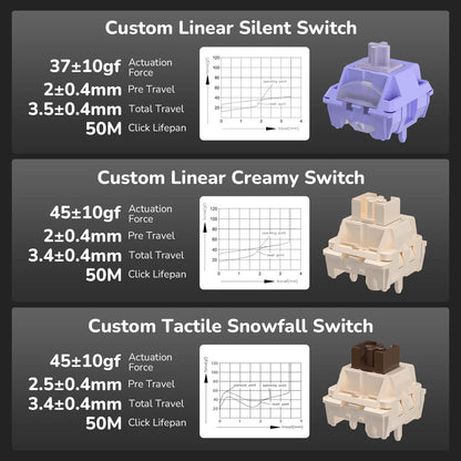Three types of custom switches with specifications and images on a dark background