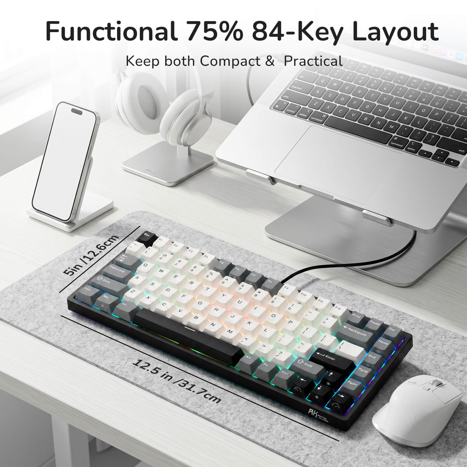 75% keyboard with mouse and laptop on a desk, featuring text about key layout.