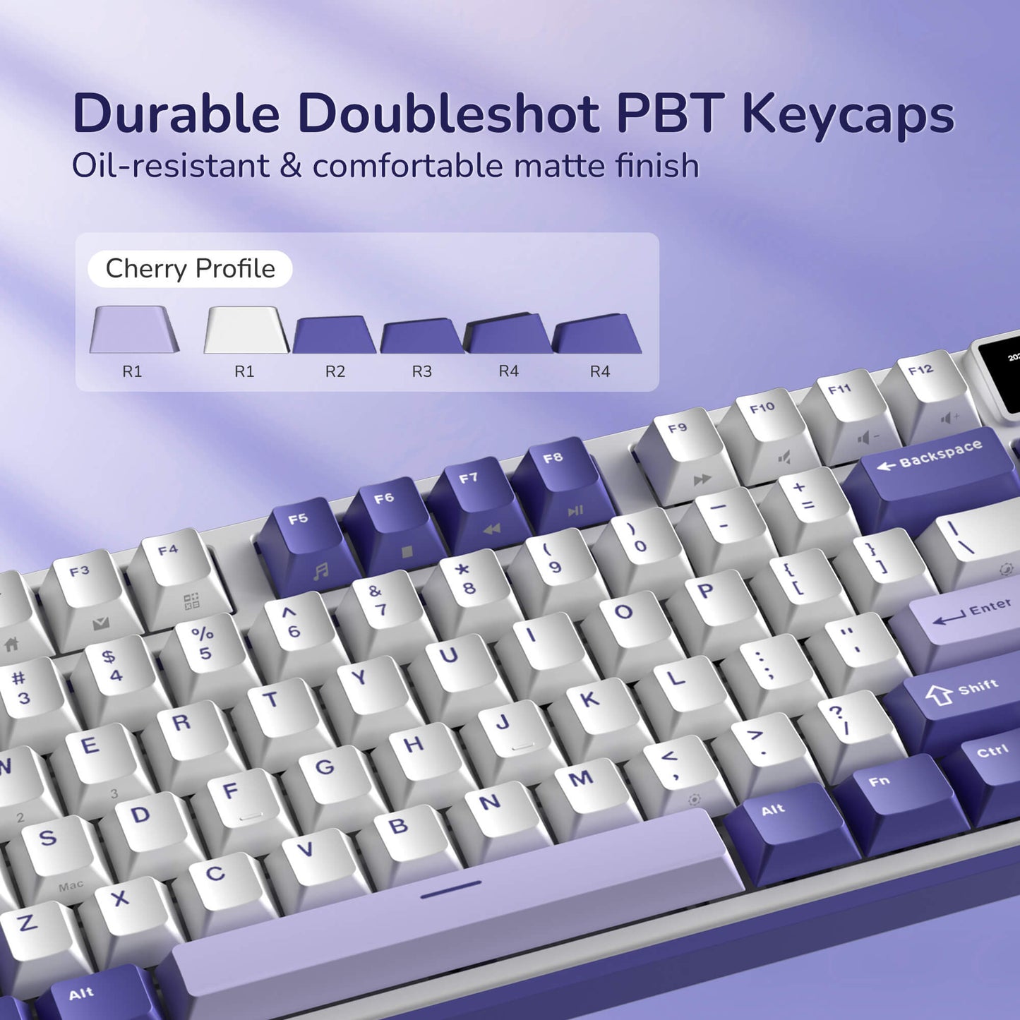 RK Mechanical keyboard with durable doubleshot PBT keycaps on a purple background