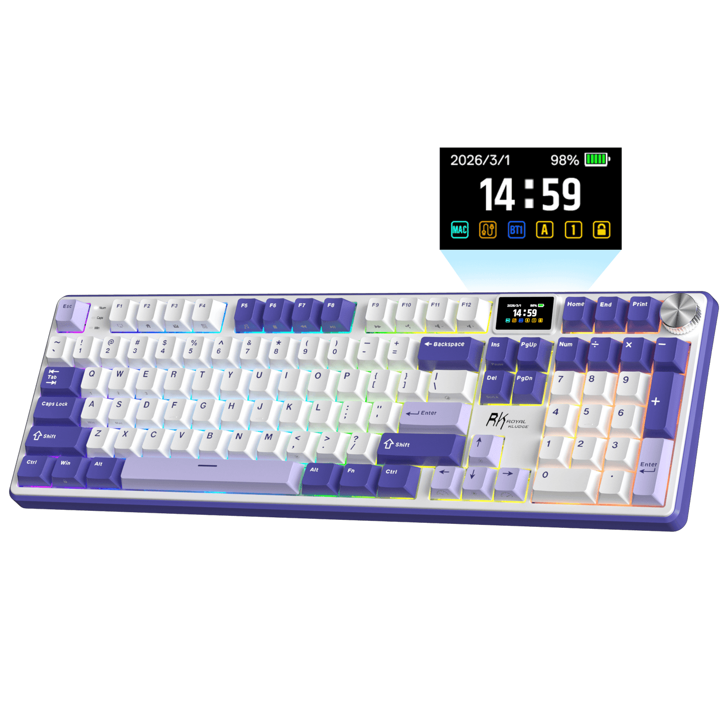 RK ROYAL KLUDGE S104 Full Size Wireless Mechanical Keyboard, 100% Creamy Computer Keyboard with Number Pad, TFT Display Screen and CNC Aluminium Volume Knob,101Keys Hot Swappable Pre-lubed Linear Switch, RGB Backlit, TOP Mount Gaming Keyboard, 5-Layer Sound Dampening Foams, Massive 8000mAh Battery, Online Software for Wins/Mac