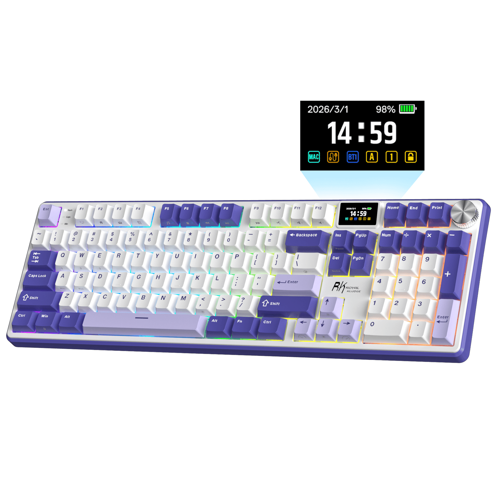 RK ROYAL KLUDGE S104 Full Size Wireless Mechanical Keyboard, 100% Creamy Computer Keyboard with Number Pad, TFT Display Screen and CNC Aluminium Volume Knob,101Keys Hot Swappable Pre-lubed Linear Switch, RGB Backlit, TOP Mount Gaming Keyboard, 5-Layer Sound Dampening Foams, Massive 8000mAh Battery, Online Software for Wins/Mac