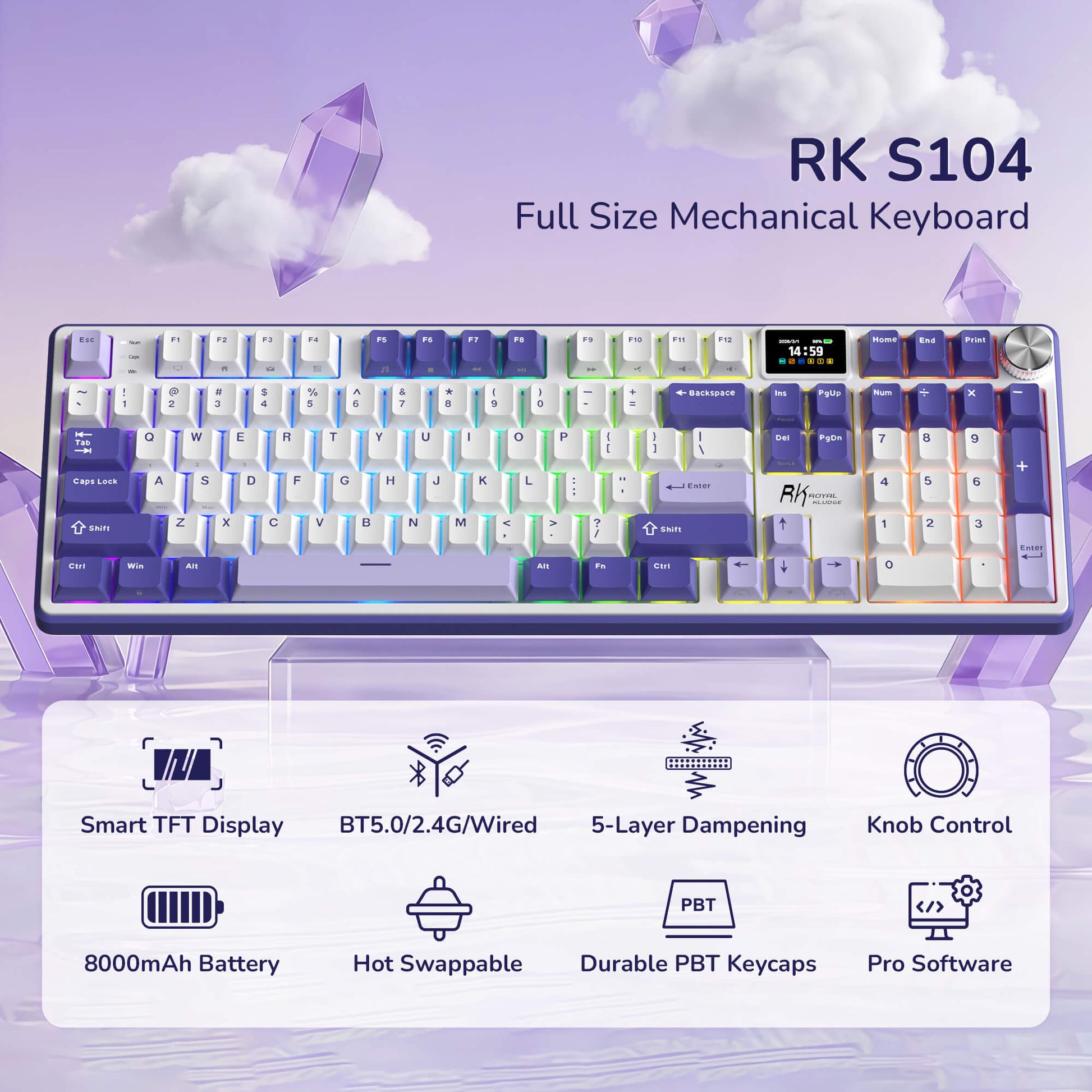 RK ROYAL KLUDGE S104 Full Size Wireless Mechanical Keyboard, 100% Creamy Computer Keyboard with Number Pad, TFT Display Screen and CNC Aluminium Volume Knob