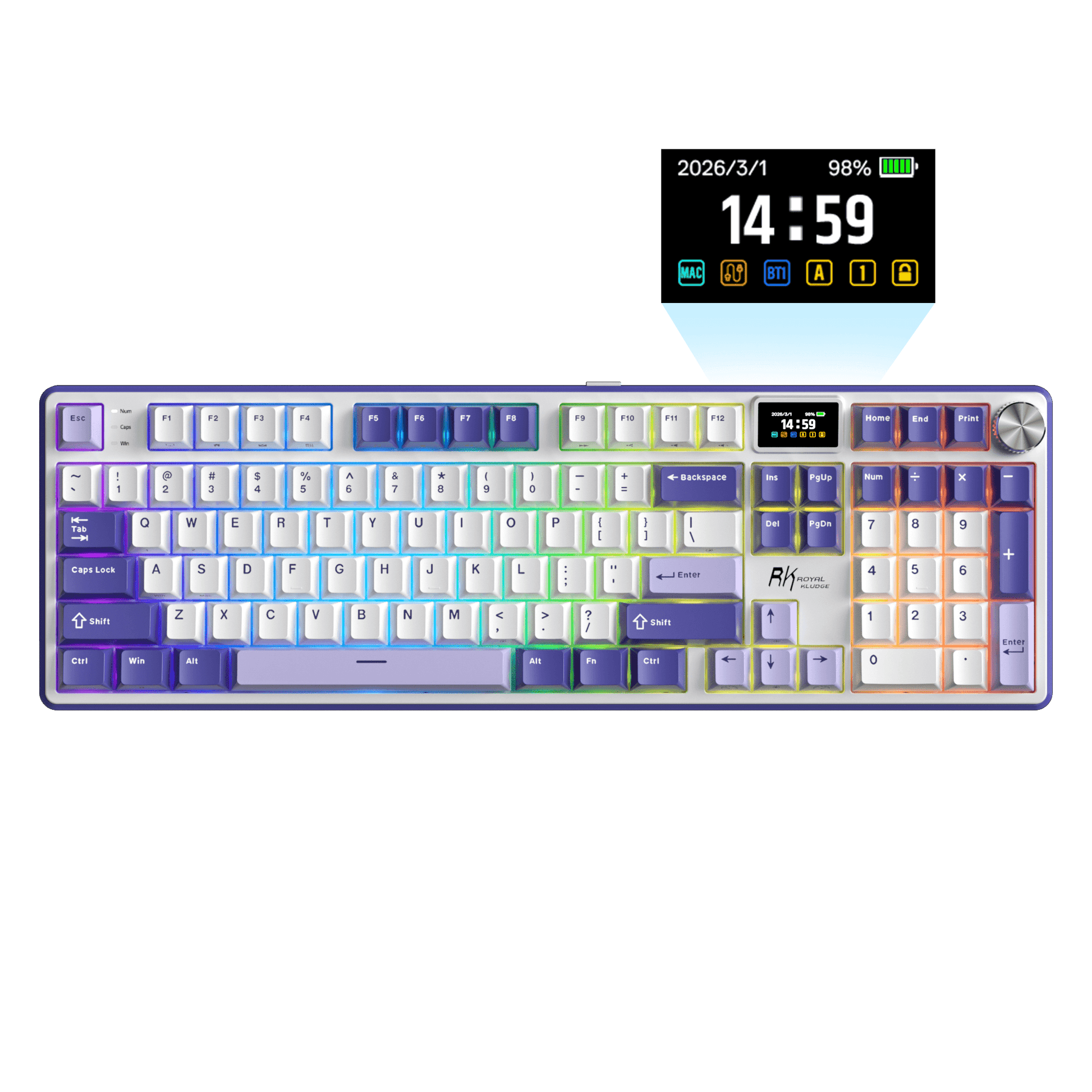 RK ROYAL KLUDGE S104 Full Size Wireless Mechanical Keyboard, 100% Creamy Computer Keyboard with Number Pad, TFT Display Screen and CNC Aluminium Volume Knob,101Keys Hot Swappable Pre-lubed Linear Switch, RGB Backlit, TOP Mount Gaming Keyboard, 5-Layer Sound Dampening Foams, Massive 8000mAh Battery, Online Software for Wins/Mac