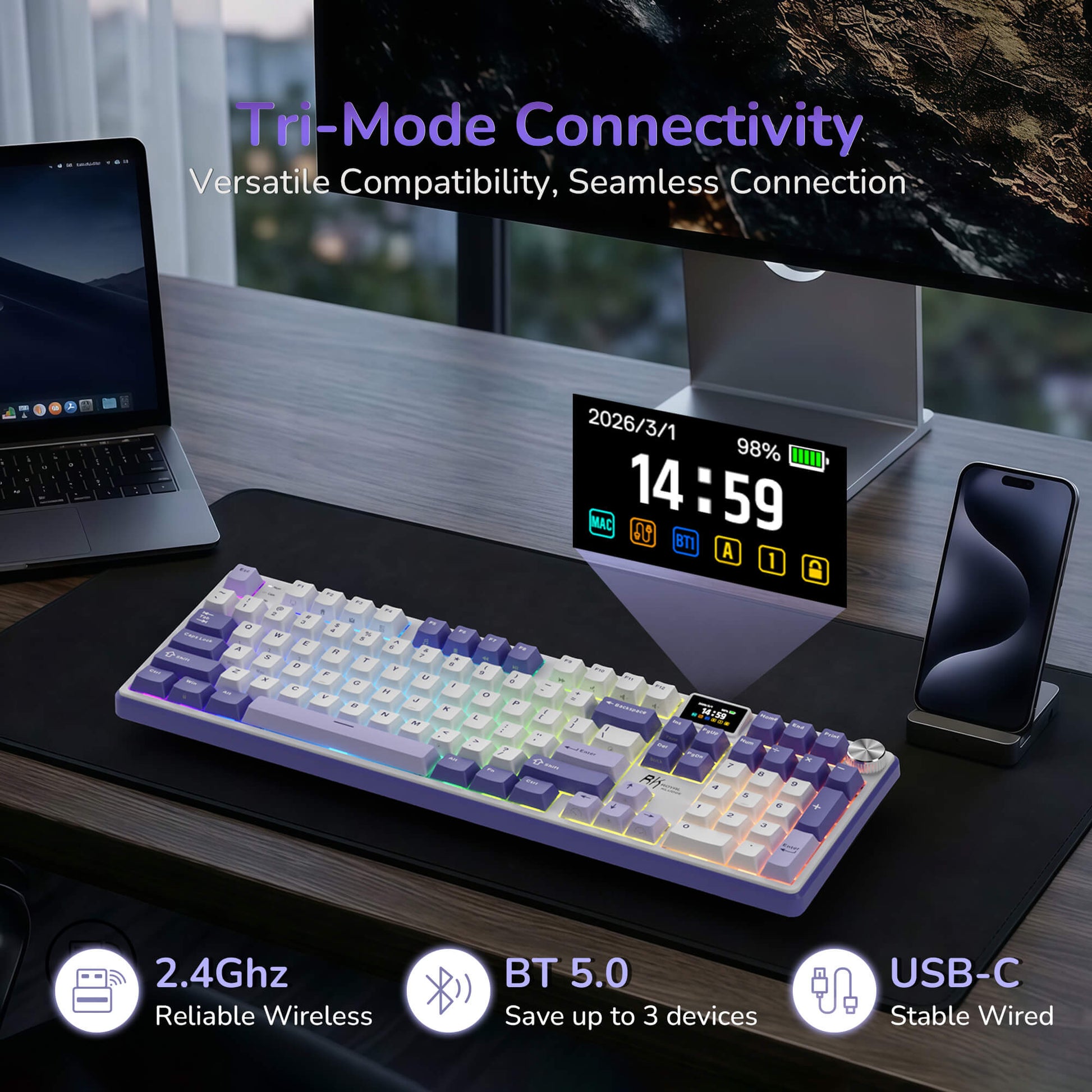 RK S104 Gaming Keyboard on a desk with laptop, monitor, and smartphone, emphasizing connectivity options