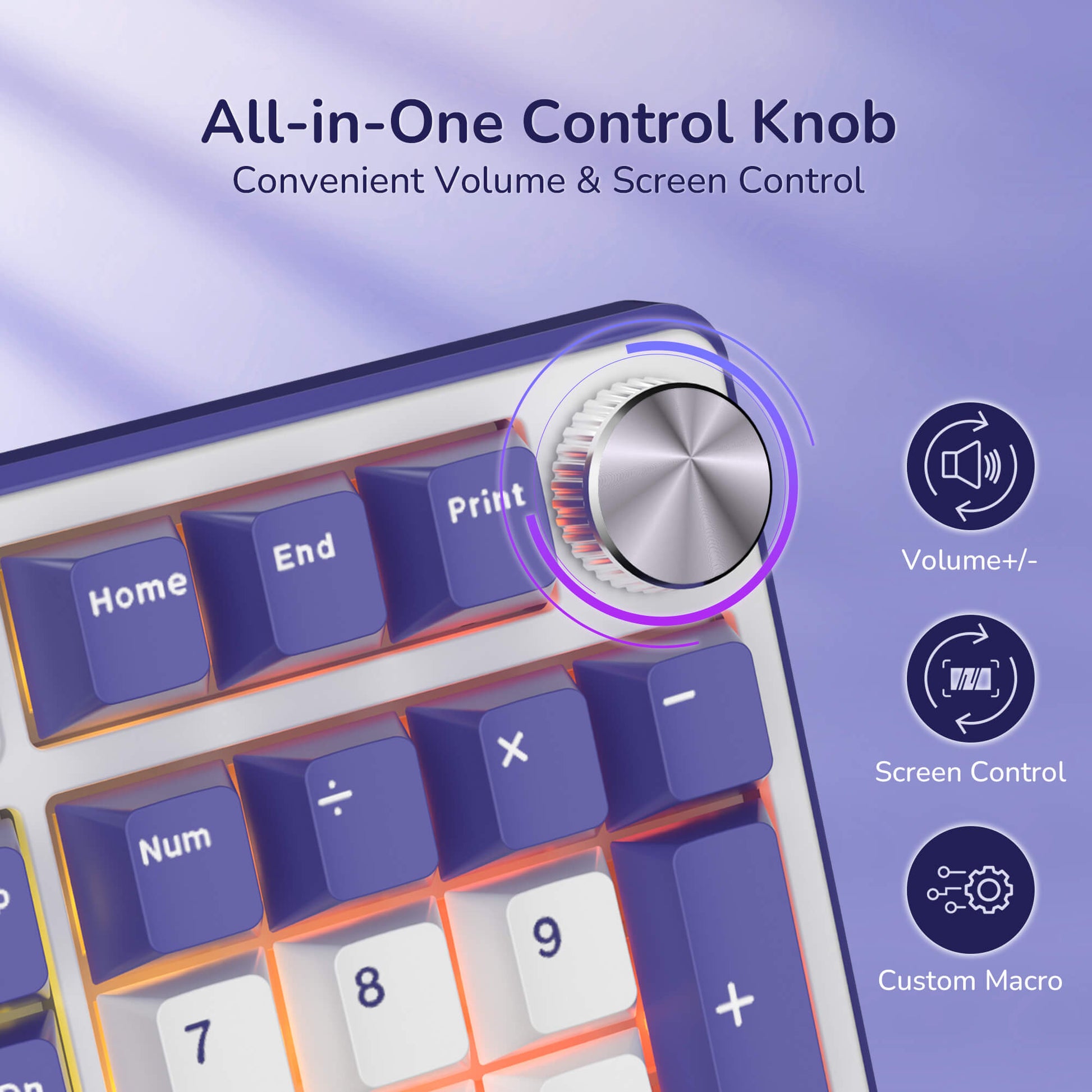RK S104 Keyboard with an all-in-one control knob for volume and screen control on a purple background.