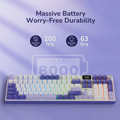 RK S104 Full Size Wireless Mechanical Keyboard with battery life indicators on a purple background