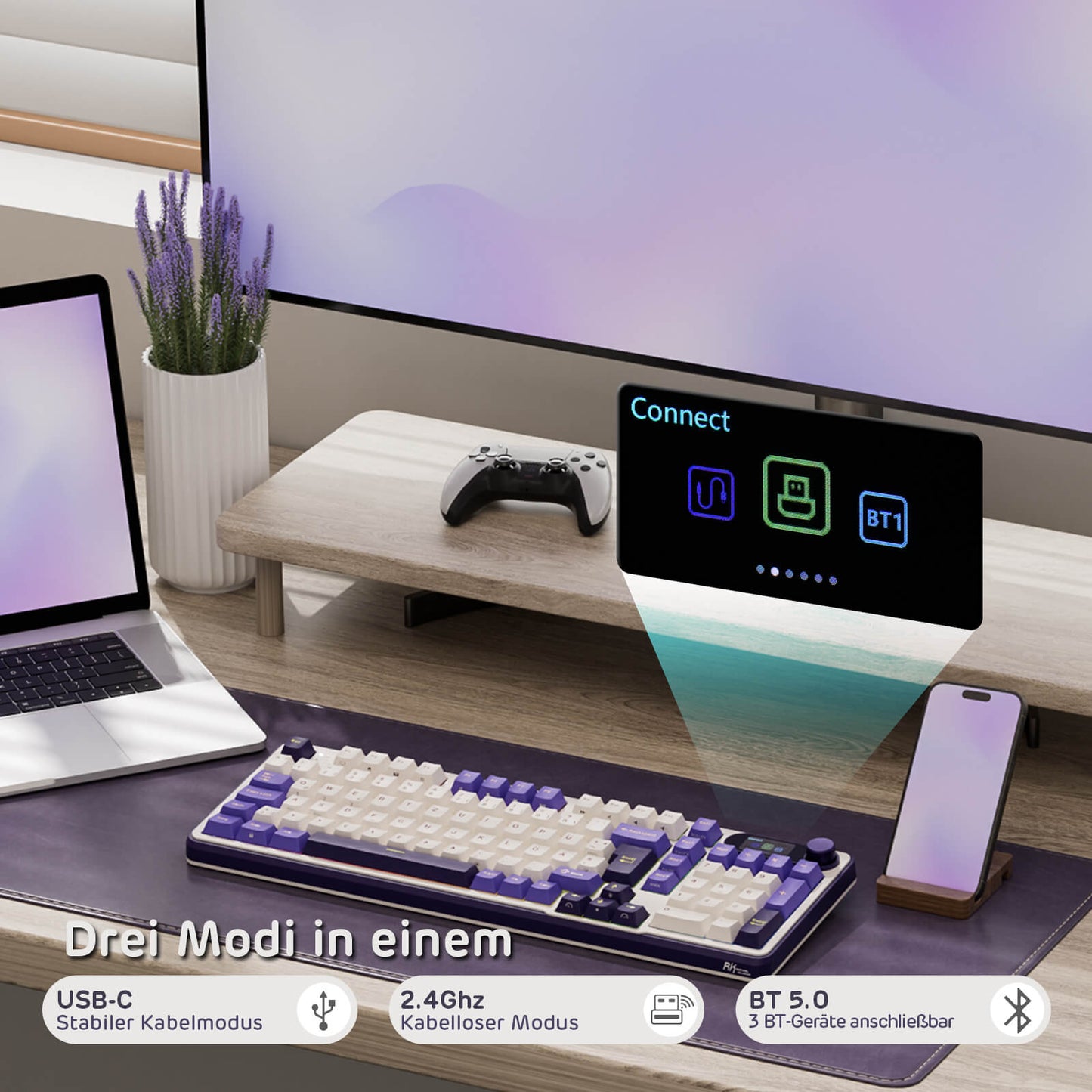 RK ROYAL KLUDGE S98 Mechanische Tastatur mit Smart Display & Knopf, Top Mount 96% Kabellose Mechanische Tastatur BT/2.4G/USB-C, Hot-Swap-fähige, Software-Unterstützung, Massiver Akku, 98 Tasten 