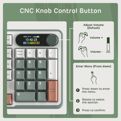 Overview of the CNC knob control button on the Royal Kludge S98 keyboard Clay Green, illustrating volume adjustment and menu navigation features with clear instructions for use