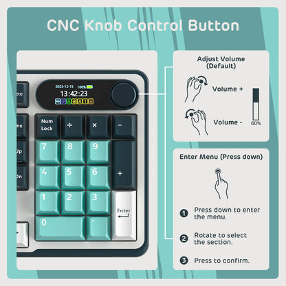 Overview of the CNC knob control button on the Royal Kludge S98 keyboard Turquoise Green, illustrating volume adjustment and menu navigation features with clear instructions for use