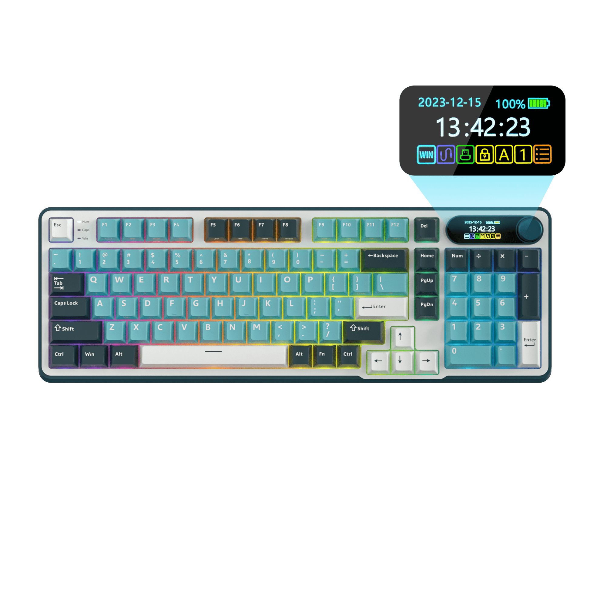 Close-up view of the RK ROYAL KLUDGE S98 Wireless Hot-Swappable RGB Keyboard in Sky Blue with number pad, showcasing the RGB backlit keys and volume knob for media control