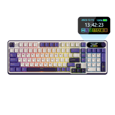 Close-up view of the RK ROYAL KLUDGE S98 Wireless Hot-Swappable RGB Keyboard in Lavender Purple with number pad, showcasing the RGB backlit keys and volume knob for media control