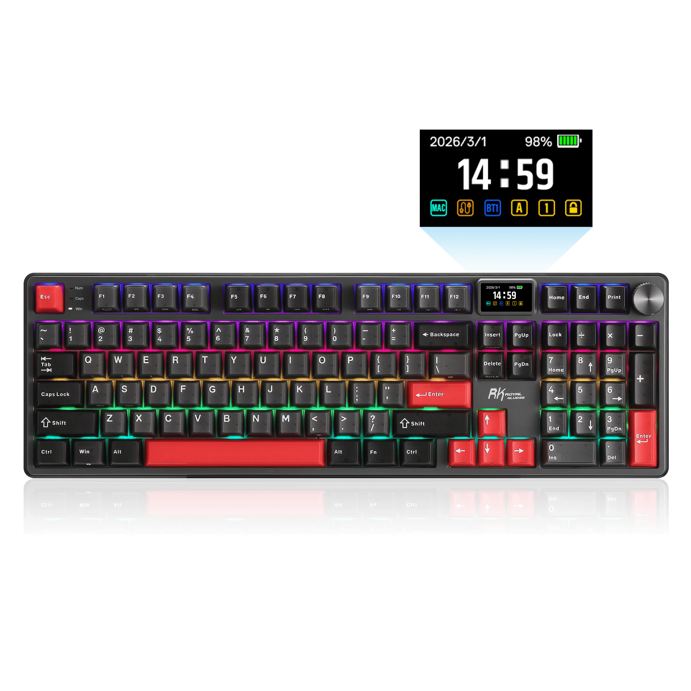 RK ROYAL KLUDGE S104 Wireless Mechanical Keyboard w/ Screen & Knob, Tri-Mode 101Keys Full Size Top Mount RGB Gaming Keyboard  BT/2.4G/USB-C, 8000mAh Battery, Web Driver, Hot Swap Custom Linear Switch
