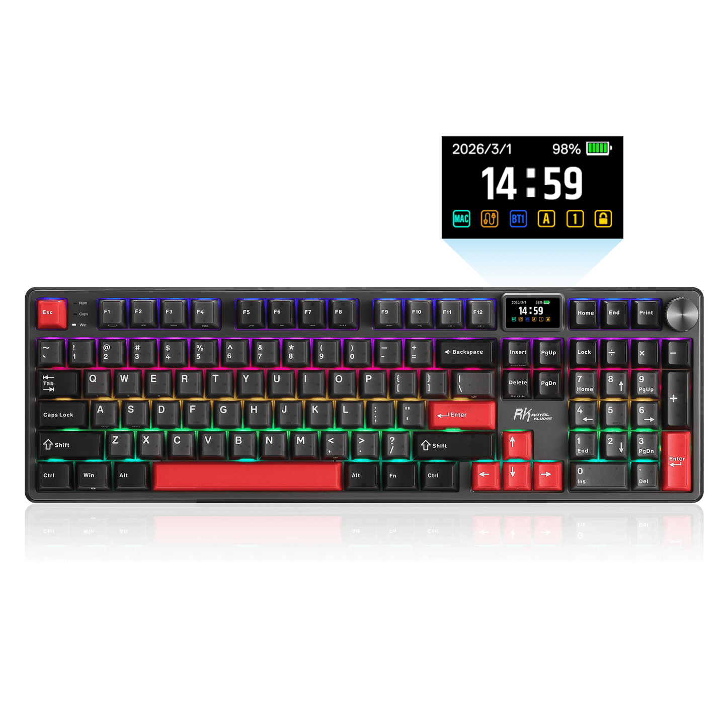 RK ROYAL KLUDGE S104 Wireless Mechanical Keyboard w/ Screen & Knob, Tri-Mode 101Keys Full Size Top Mount RGB Gaming Keyboard  BT/2.4G/USB-C, 8000mAh Battery, Web Driver, Hot Swap Custom Linear Switch