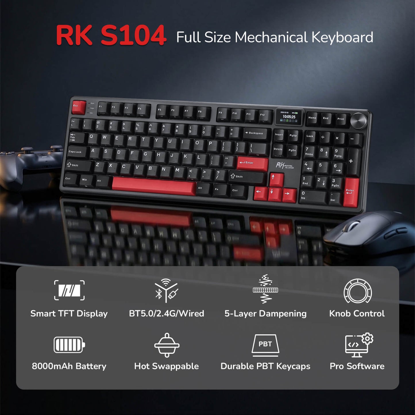 RK S104 full size mechanical keyboard with features listed below on a dark background