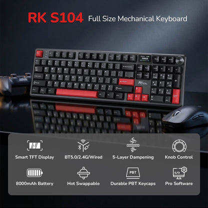 RK S104 full size mechanical keyboard with features listed below on a dark background
