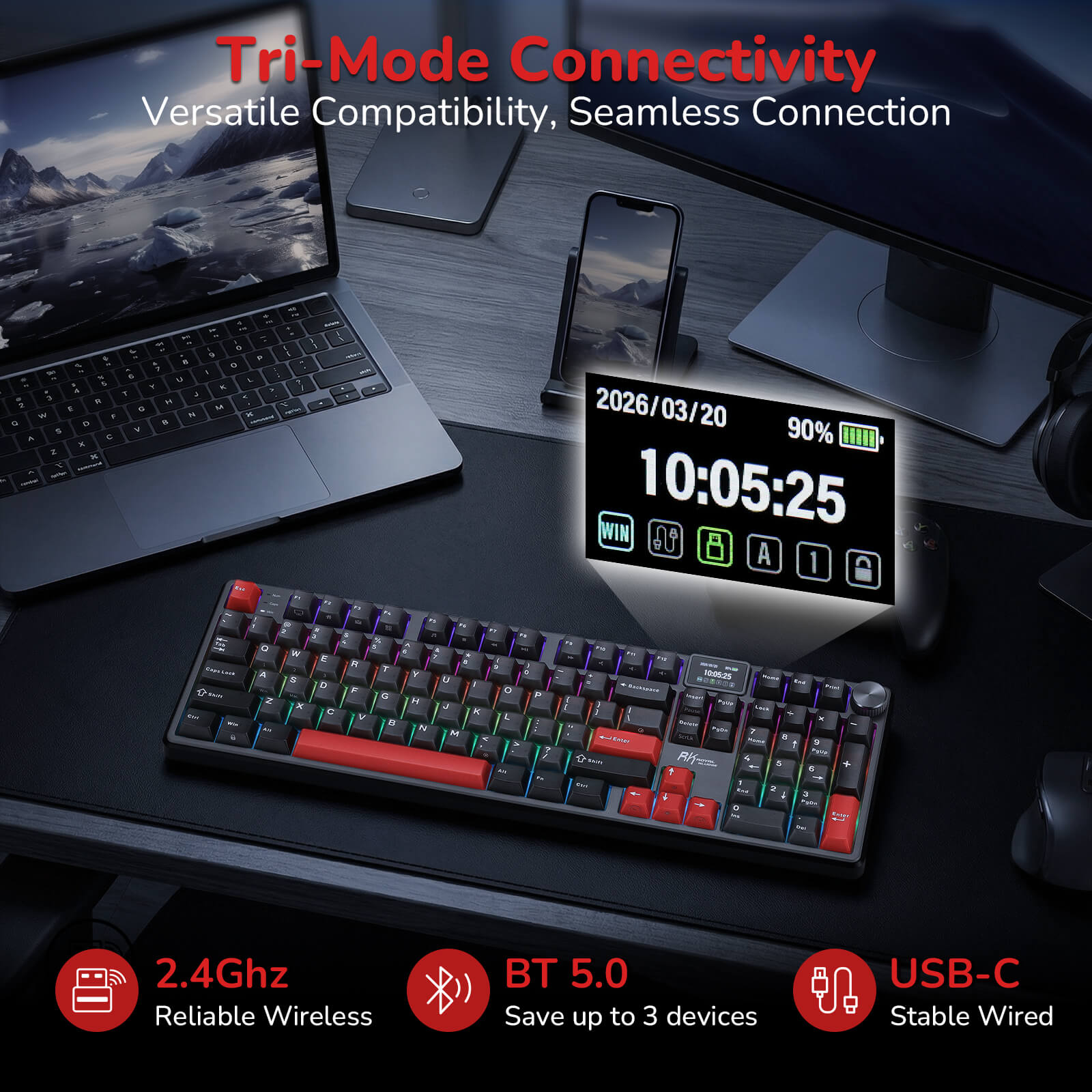 Keyboard with digital display on a desk, showing connectivity options and device compatibility.