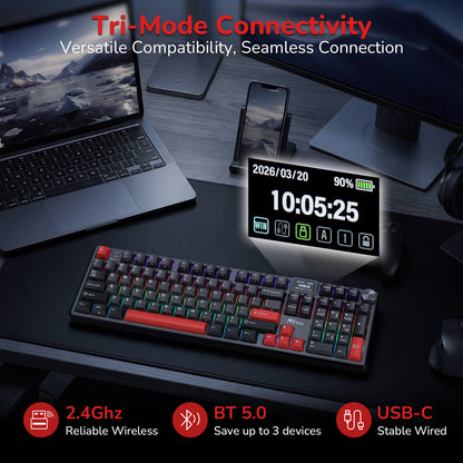 Keyboard with digital display on a desk, showing connectivity options and device compatibility.