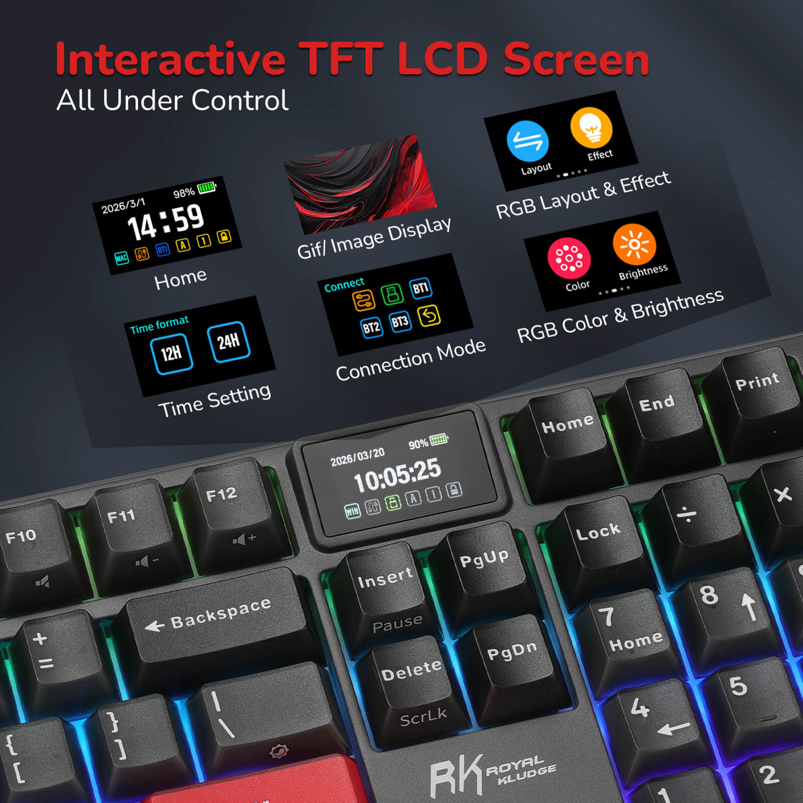 Keyboard with interactive TFT LCD screen displaying various controls on a dark background