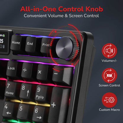 RK Keyboard with an all-in-one control knob for volume and screen control on a dark background.
