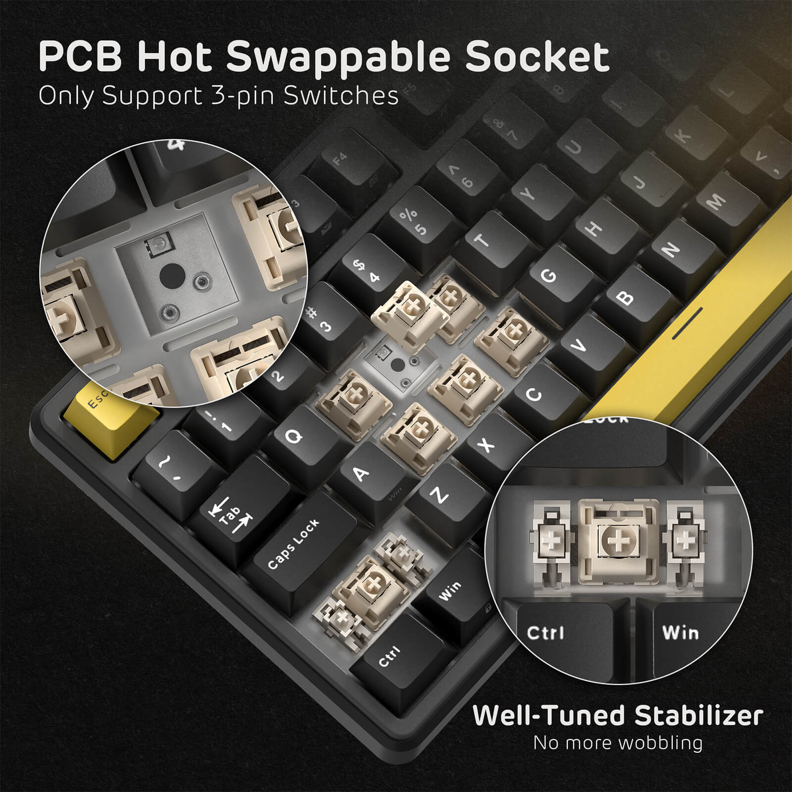 Keyboard with PCB hot swappable socket and close-up details on a dark background