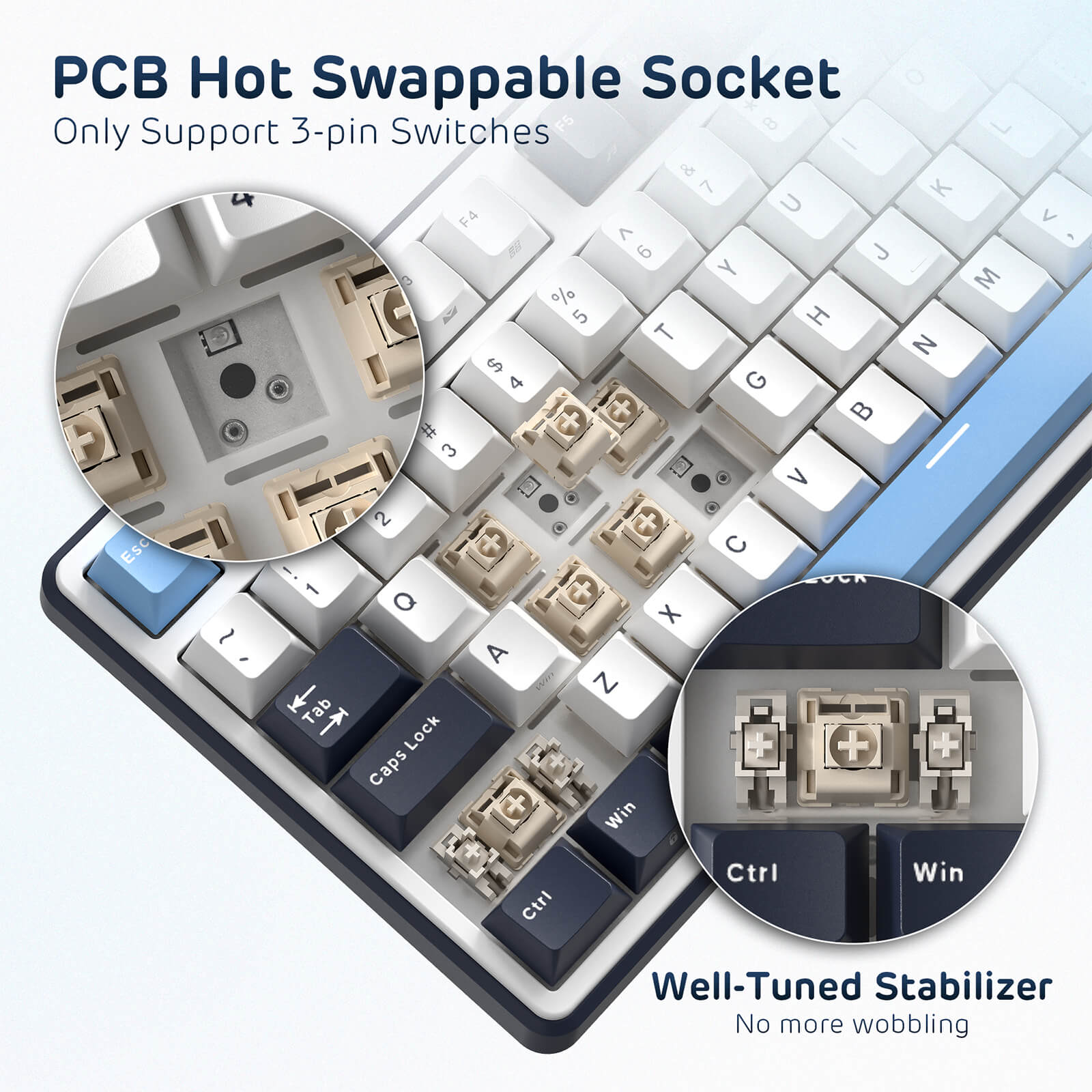 Mechanical keyboard with PCB hot swappable socket and stabilizer details on a light gray background.