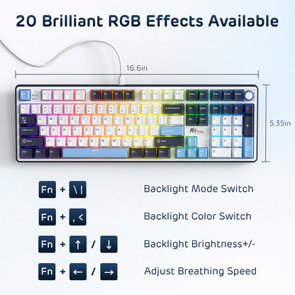RK X104 Gaming Keyboard with RGB lighting effects and control options on a white background