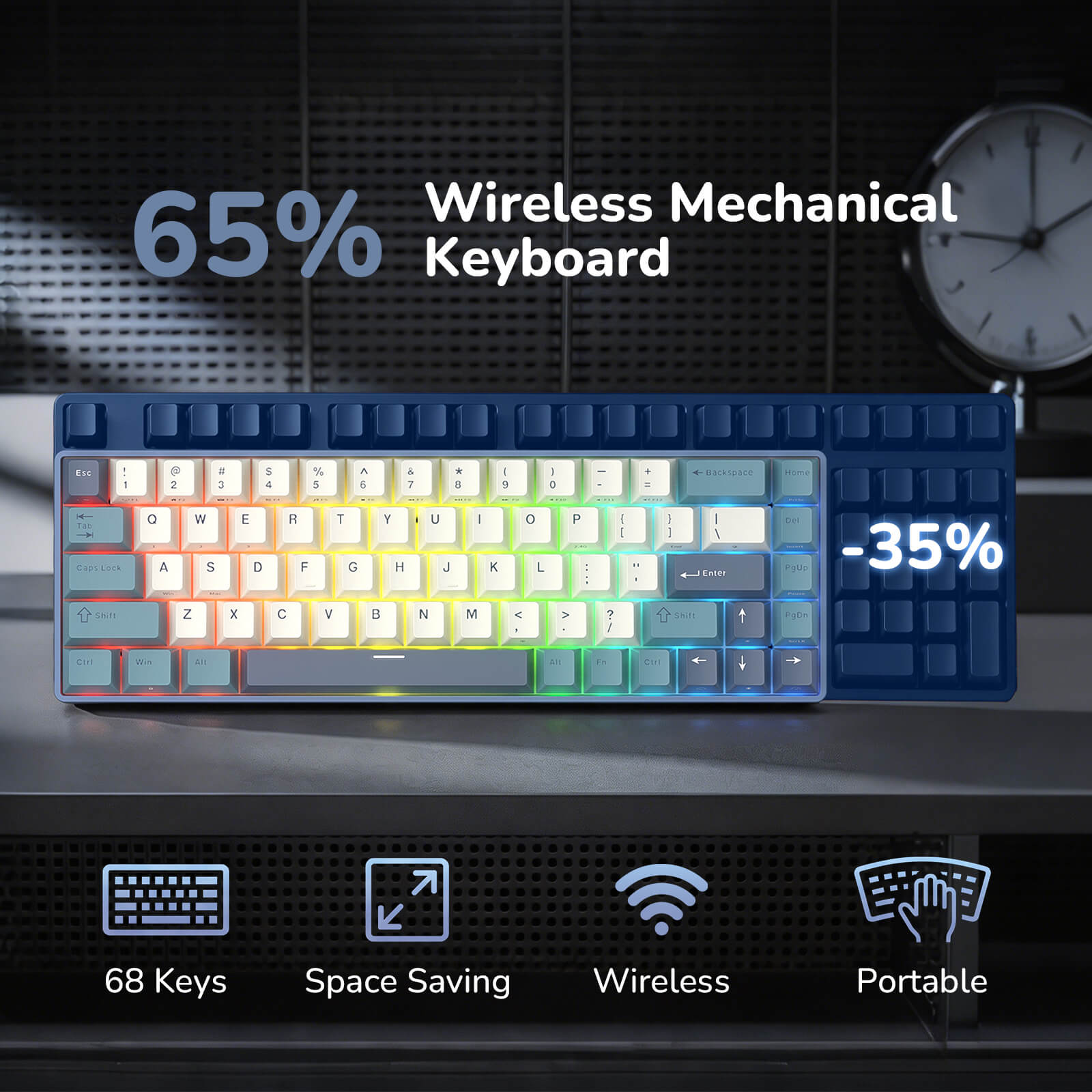 RK ROYAL KLUDGE RK68 65% RGB Wireless Mechanical Keyboard for Gaming, Work | 68 Keys Compact TKL Tri-Mode BT/2.4GHz/USB-C Gaming Keyboards for Mac/Win, Hot Swappable, Custom Switch, Software Support