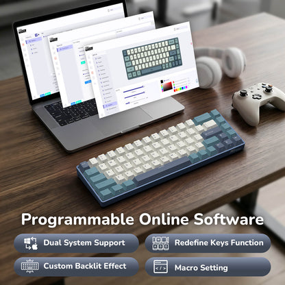 RK ROYAL KLUDGE RK68 65% RGB Wireless Mechanical Keyboard for Gaming, Work | 68 Keys Compact TKL Tri-Mode BT/2.4GHz/USB-C Gaming Keyboards for Mac/Win, Hot Swappable, Custom Switch, Software Support
