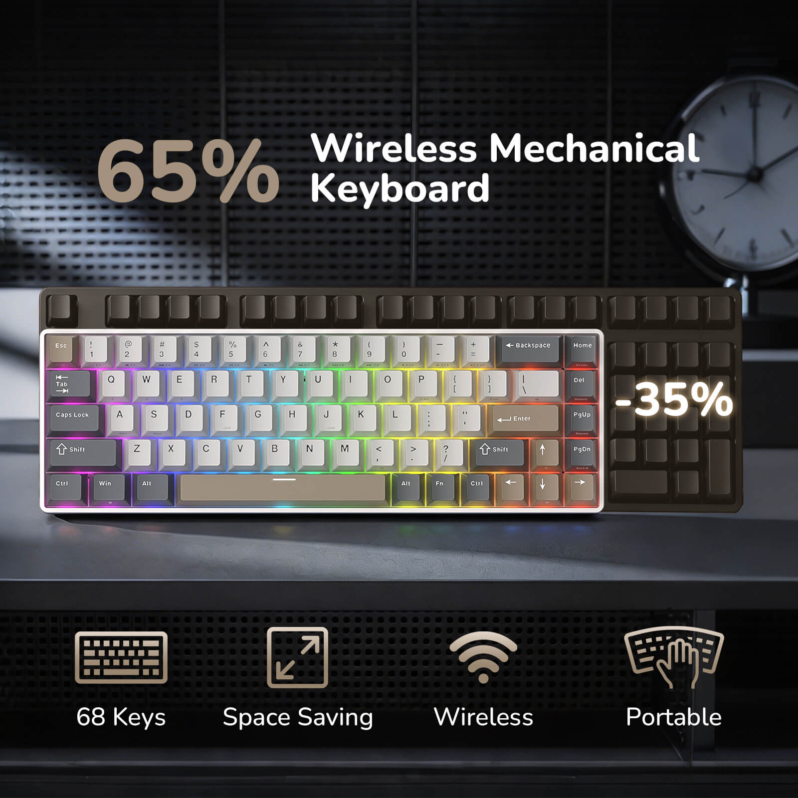 RK ROYAL KLUDGE RK68 65% RGB Wireless Mechanical Keyboard for Gaming, Work | 68 Keys Compact TKL Tri-Mode BT/2.4GHz/USB-C Gaming Keyboards for Mac/Win, Hot Swappable, Custom Switch, Software Support