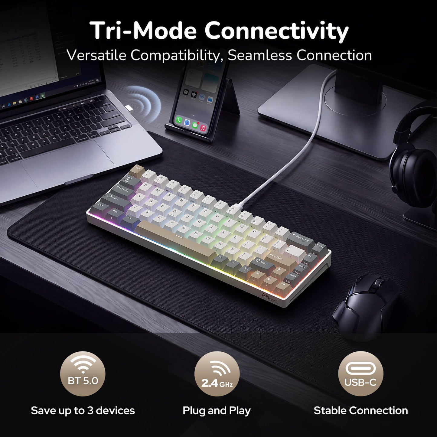 RK ROYAL KLUDGE RK68 65% RGB Wireless Mechanical Keyboard for Gaming, Work | 68 Keys Compact TKL Tri-Mode BT/2.4GHz/USB-C Gaming Keyboards for Mac/Win, Hot Swappable, Custom Switch, Software Support
