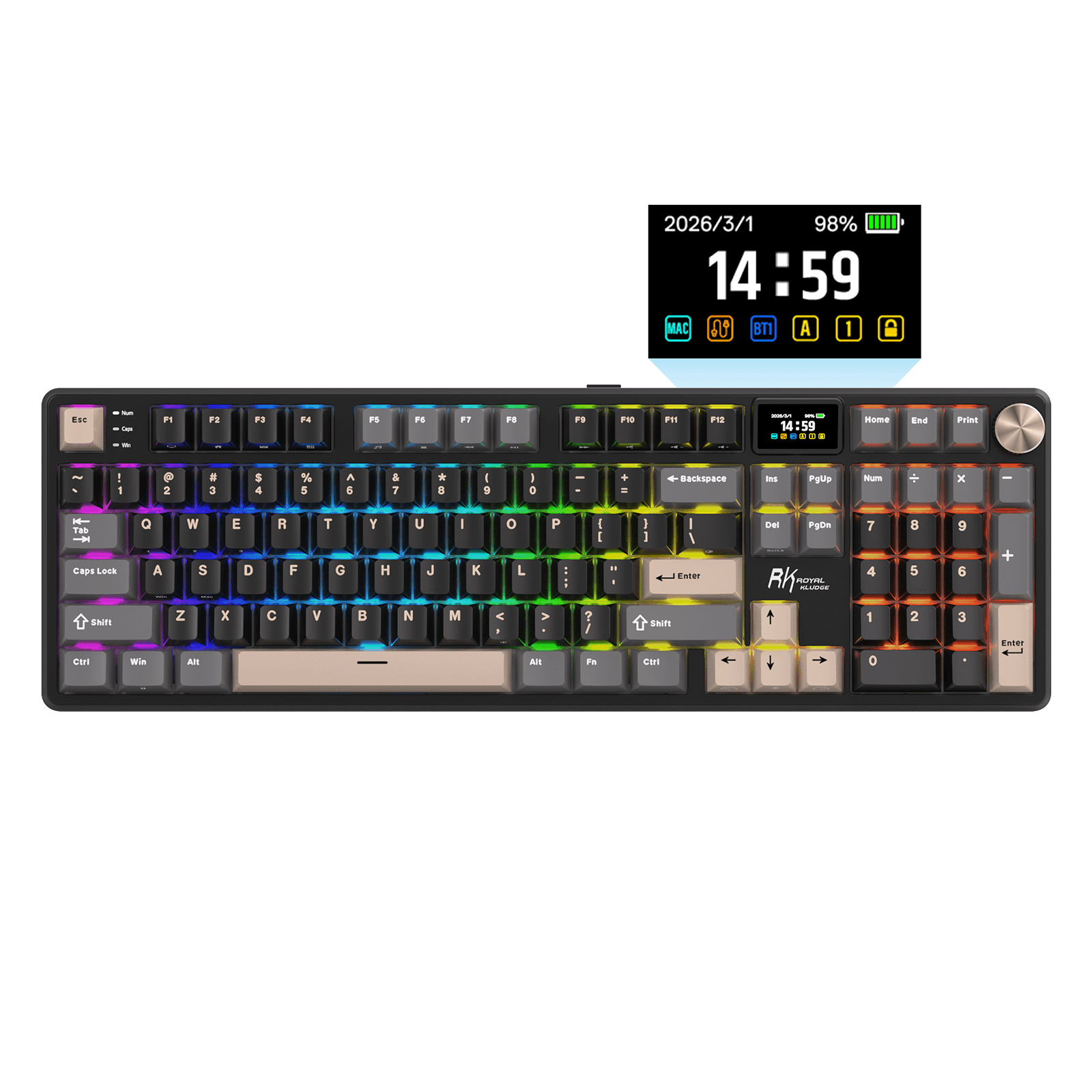 RK ROYAL KLUDGE S104 Wireless Mechanical Keyboard w/ Screen & Knob, Tri-Mode 101Keys Full Size Top Mount RGB Gaming Keyboard  BT/2.4G/USB-C, 8000mAh Battery, Web Driver, Hot Swap Custom Linear Switch