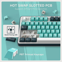 Load image into Gallery viewer, Royal Kludge S98 wireless mechanical keyboard Lavender Purple featuring a hot-swap slotted PCB, supporting 3-pin and 5-pin switches, with south-facing LEDs and PBT side-printed keycaps
