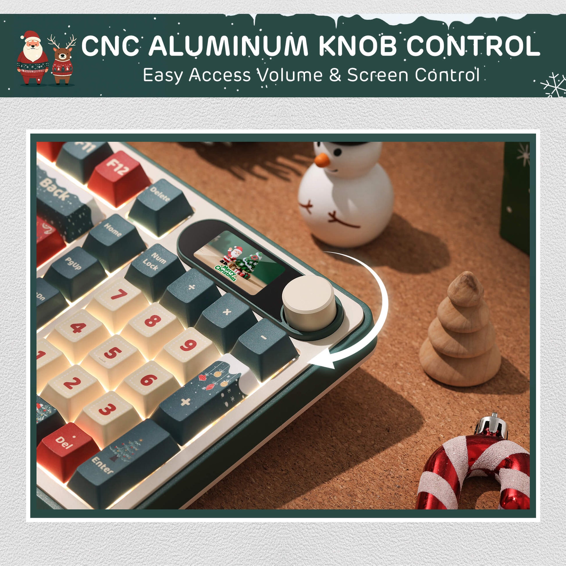 CNC Aluminum Knob Control on a keyboard with Christmas-themed decorations in the background