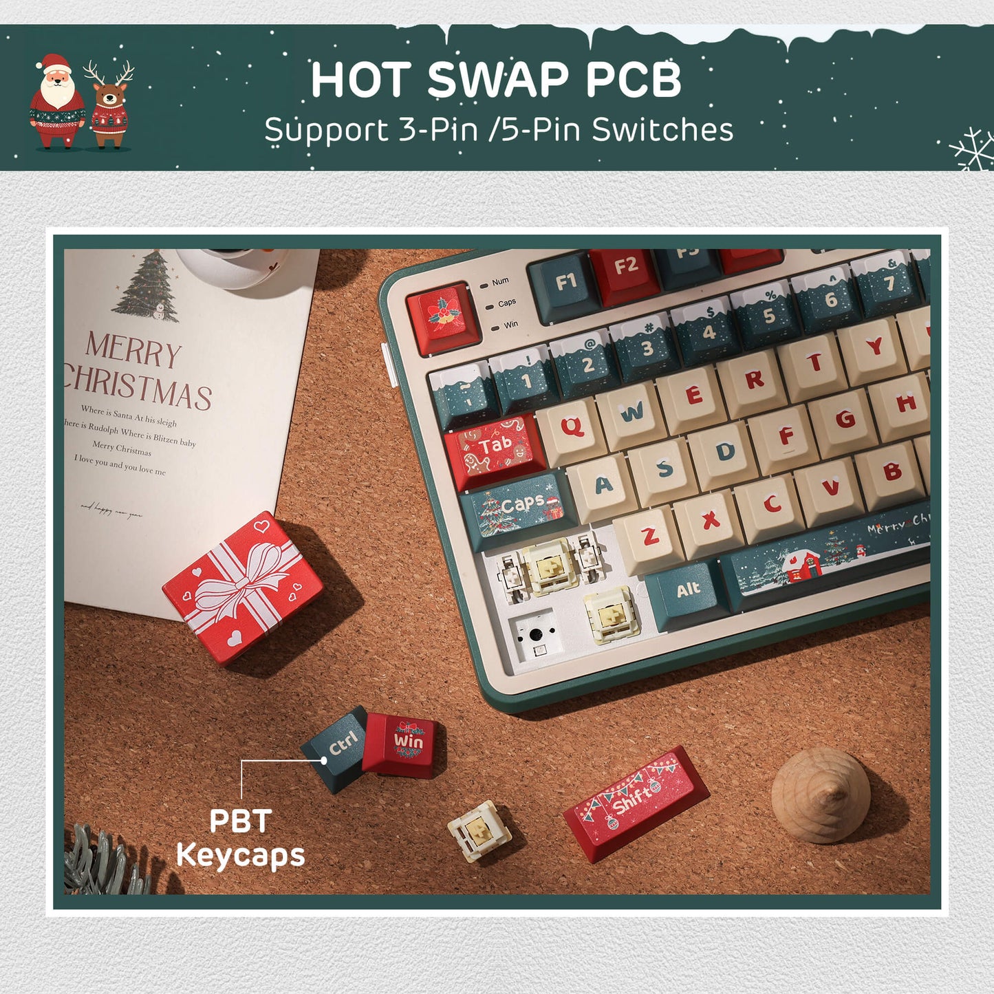 Keyboard with PBT keycaps on a corkboard background, featuring text about hot swap PCB and switch compatibility.
