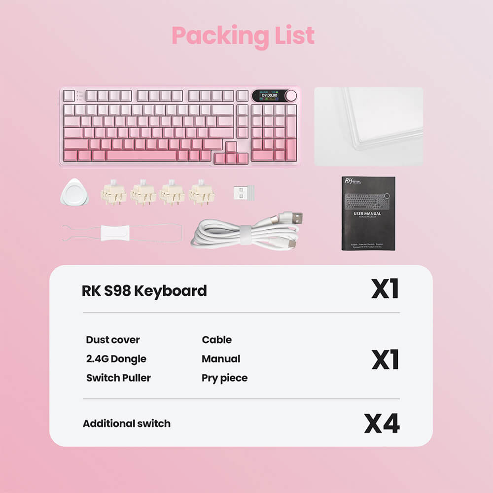 RK S98 Pink Edition mechanical keyboard with accessories and pink PBT keycaps